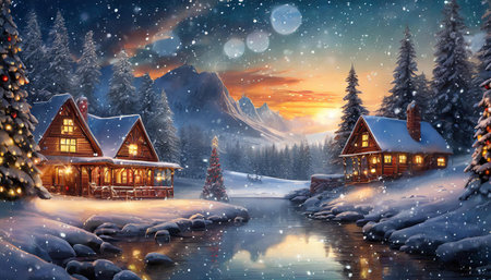 A winter wonderland of snow-covered cabins nestled in a valley surrounded by snow-capped mountains, AI generated imageの写真素材