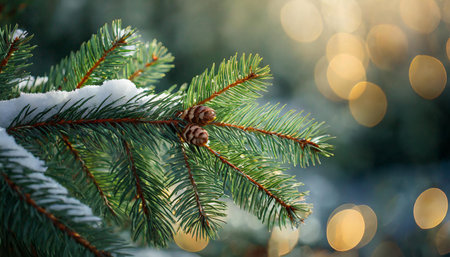 A close-up image showing the intricate detail of a pine branch needles with a soft bokeh light...