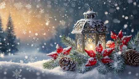 A festive Christmas lantern with candle illuminates a snow-covered table with baubles and pine branches, against a backdrop of snowy mountains, AI generated imageの写真素材