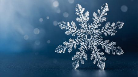 This image captures a close-up view of a beautifully detailed and symmetrical ice crystal snowflake on a dark background, highlighting the intricate patterns and the uniqueness of snowflakes in nature.の写真素材
