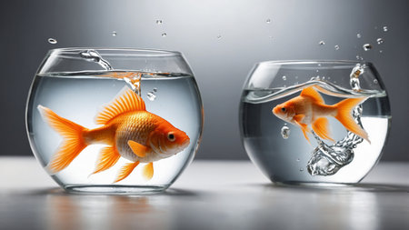 This image showcases two vibrant goldfish in clear glass bowls on a neutral surface, with one goldfish mid-jump between bowls, symbolizing change and boldness. The scene conveys motion and tranquility. AI generated imageの写真素材