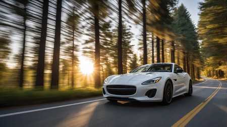 White sports car speeding down a scenic forest road surrounded by tall trees, with sunlight filtering through the leaves. The road is empty, emphasizing the freedom and adventure of the drive. AI generated imageの写真素材