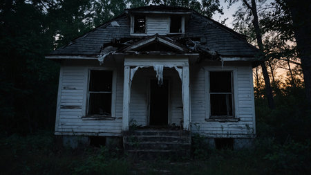 An eerie photo of a neglected, dilapidated house engulfed by nature, showcasing broken windows and a decaying roof as the sun sets in the background, emanating a mysterious and haunting vibe. AI generated imageの写真素材