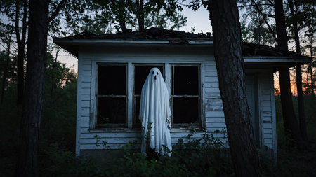 A spectral figure wearing a white sheet floats in front of an old, abandoned house at sunset, creating a spooky and eerie atmosphere with the haunting image of the dilapidated building and surrounding trees. AI generated imageの写真素材