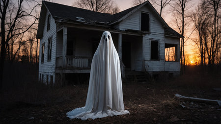 A spectral figure wearing a white sheet floats in front of an old, abandoned house at sunset, creating a spooky and eerie atmosphere with the haunting image of the dilapidated building and surrounding trees. AI generated imageの写真素材