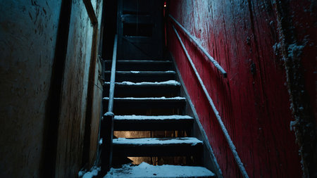 A secluded staircase with snow on its steps, set in a narrow alley with dim lighting, creating a mysterious and eerie atmosphere as it leads to a dark door at the top. AI generated imageの写真素材