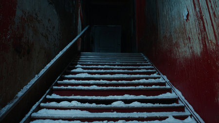 A secluded staircase with snow on its steps, set in a narrow alley with dim lighting, creating a mysterious and eerie atmosphere as it leads to a dark door at the top. AI generated imageの写真素材