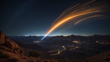 Stunning image depicting a meteor shower lighting up the night sky, with the Milky Way arching...