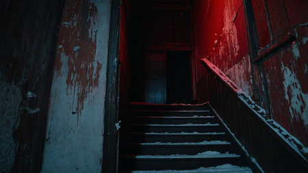 A secluded staircase with snow on its steps, set in a narrow alley with dim lighting, creating a mysterious and eerie atmosphere as it leads to a dark door at the top. AI generated imageの写真素材