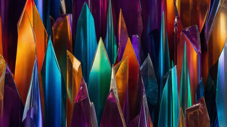 This image captures a stunning array of crystal formations in vibrant colors, showing their mesmerizing beauty and intricate details with sharp edges that create a breathtaking visual effect. AI generated imageの写真素材