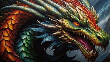 A detailed fantasy artwork depicting a fierce dragon with vibrant scales and wings, set against a mystical forest background. Perfect for fantasy enthusiasts and gaming artwork collectors. AI generated imageの写真素材