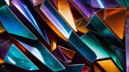 This image captures a stunning array of crystal formations in vibrant colors, showing their mesmerizing beauty and intricate details with sharp edges that create a breathtaking visual effect. AI generated imageの写真素材