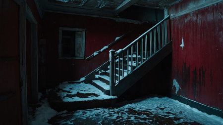 A secluded staircase with snow on its steps, set in a narrow alley with dim lighting, creating a mysterious and eerie atmosphere as it leads to a dark door at the top. AI generated imageの写真素材