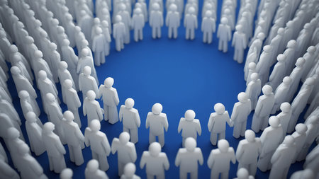 A visually engaging image displaying numerous white human figurines arranged in a circular pattern against a vibrant blue backdrop, encapsulating concepts of unity, cooperation, and community in a striking abstract representation. AI generated imageの写真素材