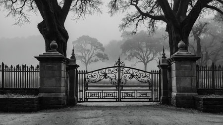 A foggy weather scene featuring an old iron gate surrounded by leafless trees, evoking a mysterious and eerie atmosphere, captured in black and white photography. AI generated imageの写真素材
