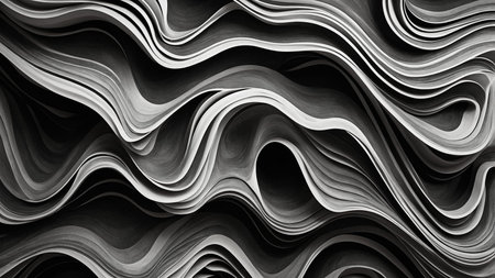 A mesmerizing black and white abstract image, characterized by fluid, wave-like patterns that create...