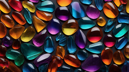 This image features an array of colorful polished gemstones in various shapes and hues displayed on a dark background, creating a vibrant and striking visual effect with rainbow-like gradients. AI generated imageの写真素材