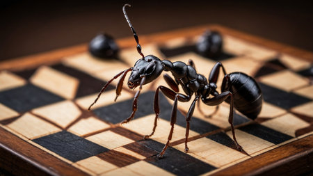 A close-up image of a large ant standing on a chessboard, surrounded by black and white chess pieces, creating an intriguing, surreal visual effect that combines nature and strategy games. AI generated imageの写真素材