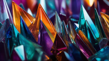 This image captures a stunning array of crystal formations in vibrant colors, showing their...