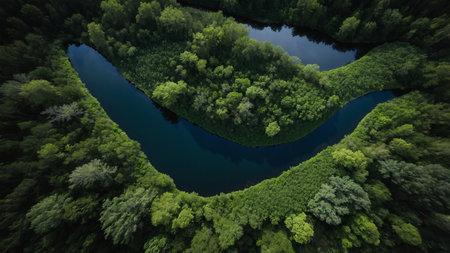 A breathtaking aerial view captures a serene river meandering through a dense, lush green forest, epitomizing untouched natural beauty and tranquility, highlighting the incredible landscape of our planet. AI generated imageの写真素材