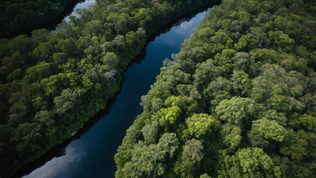 A breathtaking aerial view captures a serene river meandering through a dense, lush green forest, epitomizing untouched natural beauty and tranquility, highlighting the incredible landscape of our planet. AI generated imageの写真素材