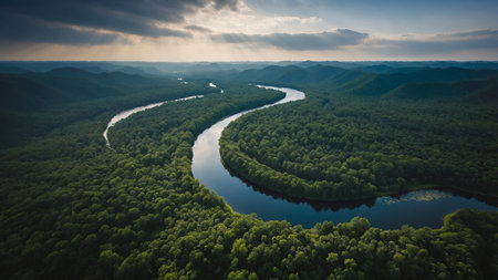 A breathtaking aerial view captures a serene river meandering through a dense, lush green forest, epitomizing untouched natural beauty and tranquility, highlighting the incredible landscape of our planet. AI generated imageの写真素材