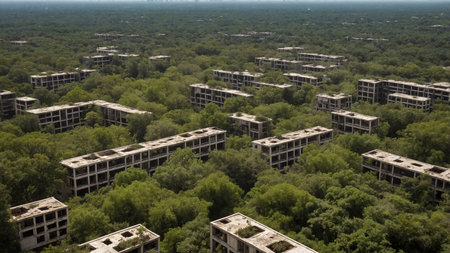 Hundreds of abandoned concrete buildings overgrown with vegetation illustrate nature's triumph over human structures, creating a haunting yet serene atmosphere amidst the dense forest landscape. AI generated imageの写真素材