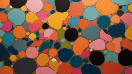 This image features an array of vibrant, multicolored circles of various sizes arranged in an...