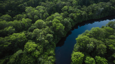 A breathtaking aerial view captures a serene river meandering through a dense, lush green forest, epitomizing untouched natural beauty and tranquility, highlighting the incredible landscape of our planet. AI generated imageの写真素材