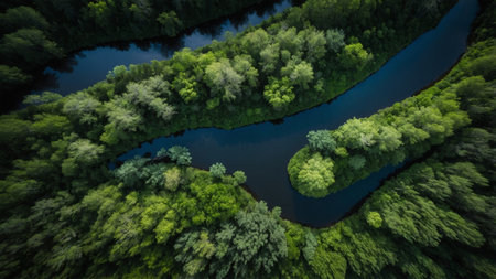 A breathtaking aerial view captures a serene river meandering through a dense, lush green forest, epitomizing untouched natural beauty and tranquility, highlighting the incredible landscape. AI generated imageの写真素材