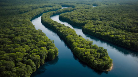 A breathtaking aerial view captures a serene river meandering through a dense, lush green forest,...