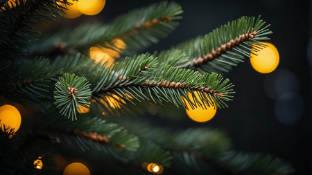 A detailed close-up capture of a pine tree branch adorned with tiny, twinkling lights against a...