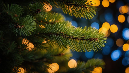 A detailed close-up capture of a pine tree branch adorned with tiny, twinkling lights against a blurred background, evoking a sense of festive warmth and tranquility during the holiday season. AI generated imageの写真素材