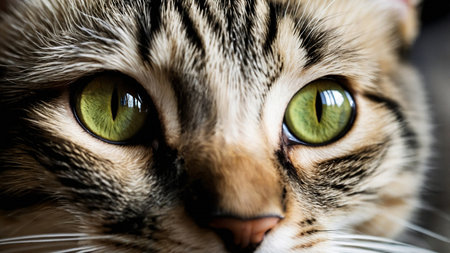 A detailed close-up of a cat showing its beautiful, vibrant green eyes and intricately fur patterns, captured under soft, natural lighting. The image emphasizes the cat's sharp, focused gaze. AI generated imageの写真素材