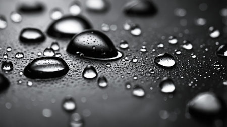 The image captures a high-quality macro shot of water droplets on a sleek black surface. Reflections...