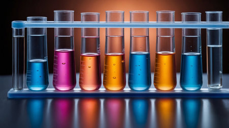 An artistic representation of scientific experiments showing colorful test tubes with vibrant liquids in a rack under controlled lighting, depicting the beauty of laboratory work and chemical reactions. AI generated imageの写真素材