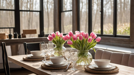 This image features a beautifully set dining table with pink tulips in vases, glassware, plates, and...