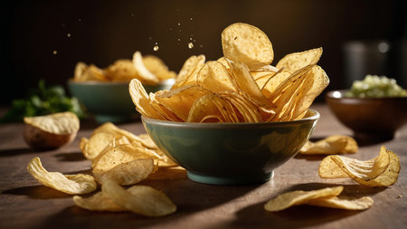 This image captures potato chips flying out of a white bowl, showing their texture and motion...