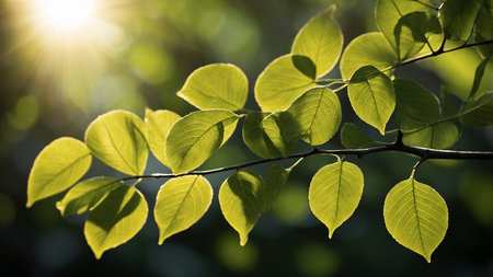 A close-up view of a branch adorned with vibrant green leaves, beautifully illuminated by the warm...