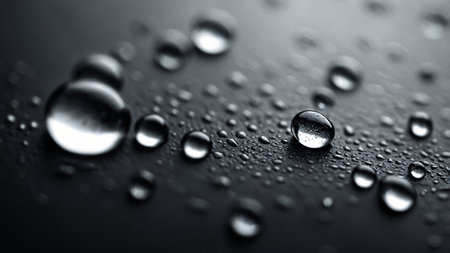 The image captures a high-quality macro shot of water droplets on a sleek black surface. Reflections and texture add depth and interest, making it ideal for various creative and commercial uses. AI generated imageの写真素材