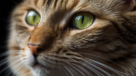 A detailed close-up of a cat showing its beautiful, vibrant green eyes and intricately fur patterns, captured under soft, natural lighting. The image emphasizes the cat's sharp, focused gaze. AI generated imageの写真素材
