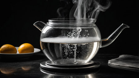 A clear glass teapot containing boiling water with steam billowing out, showing the heat and energy within the pot against a dark background, bringing out the contrast and texture. AI generated imageの写真素材