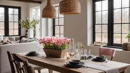 This image features a beautifully set dining table with pink tulips in vases, glassware, plates, and...