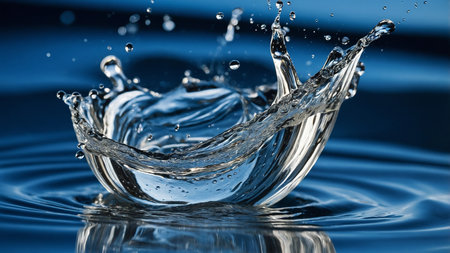 Dynamic high-speed photograph capturing the splash of water with remarkable clarity and details, set against a gradient blue background creating a stunning and energetic visual effect. AI generated imageの写真素材