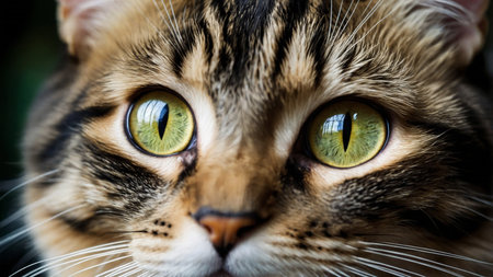 A detailed close-up of a cat showing its beautiful, vibrant green eyes and intricately fur patterns, captured under soft, natural lighting. The image emphasizes the cat's sharp, focused gaze. AI generated imageの写真素材