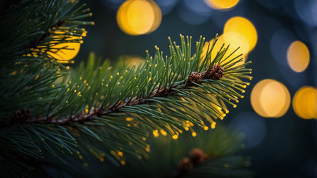 A detailed close-up capture of a pine tree branch adorned with tiny, twinkling lights against a blurred background, evoking a sense of festive warmth and tranquility during the holiday season. AI generated imageの写真素材