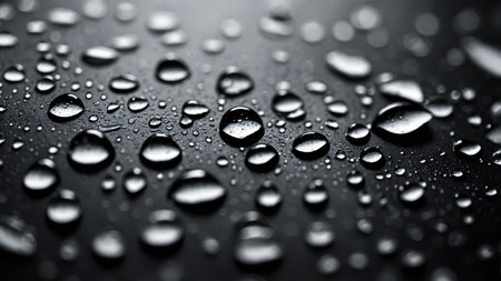 The image captures a high-quality macro shot of water droplets on a sleek black surface. Reflections and texture add depth and interest, making it ideal for various creative and commercial uses. AI generated imageの写真素材