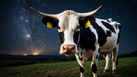A close-up view of a black and white cow with yellow ear tags, situated in a green field under a clear, star-filled night sky, capturing the serene beauty of a rural landscape at night. AI generated imageの写真素材