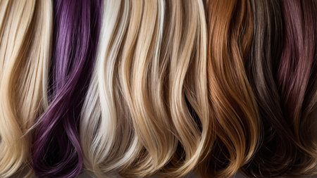 This image presents a vibrant display of hair strands in various colors, showing an array of shades from purple to blonde to brown. Perfect for fashion and beauty industry uses, emphasizing visual appeal. AI generated imageの写真素材