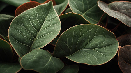 A detailed close-up of several green leaves showing their veins and intricate patterns, captured...